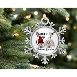 Naughty Devil Gnome Nice Angel Gnome Christmas Silver Snowflake Ornament